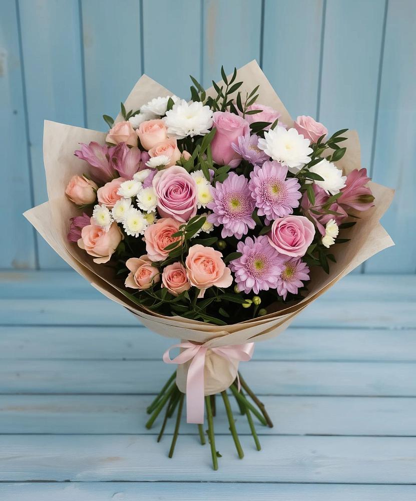 Букет цветов из: Хризантемы, Розы и Альстромерии в Новогорном