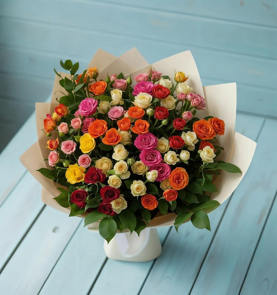 Букет Микс из разноцветных кустовых роз в Новогорном