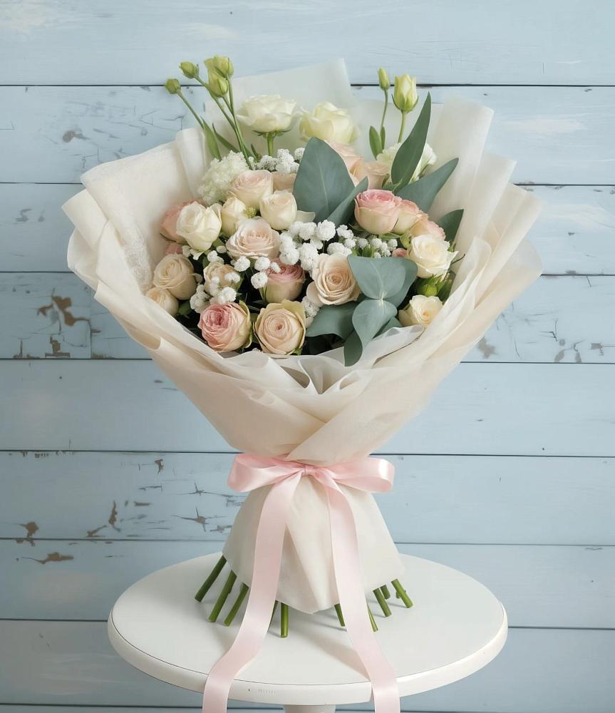 Букет цветов из: Розы и Лизиантусы в Новогорном