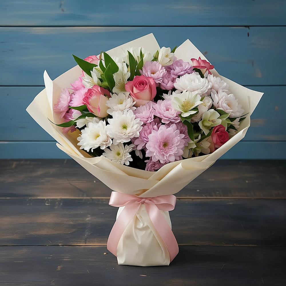 Букет цветов из: Хризантемы, Альстромерии и Розы в Новогорном